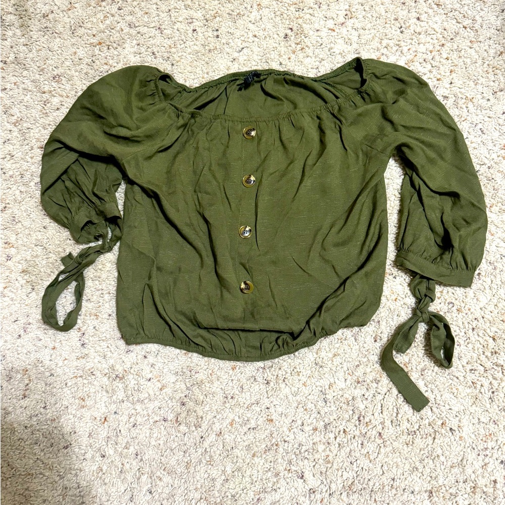 Green PaperMoon Off shoulder cropped shirt with ties on sleeves